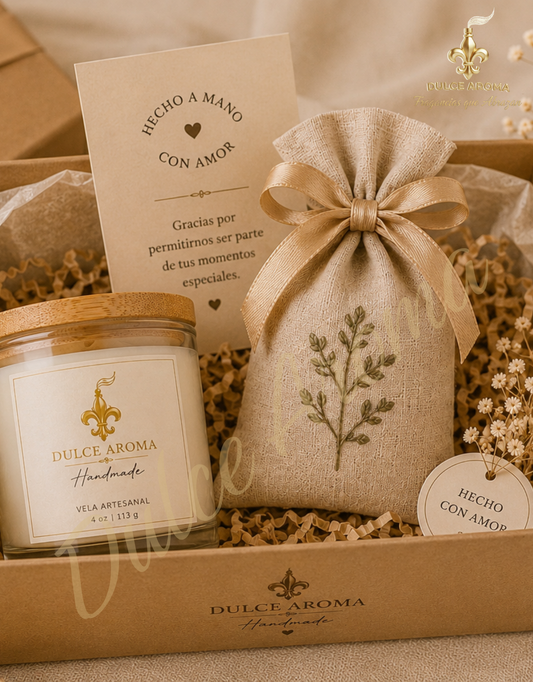 Set de Regalo Handmade | Vela Aromática 4 oz + Bolsita Aromática para Clóset | Listo para Regalar
